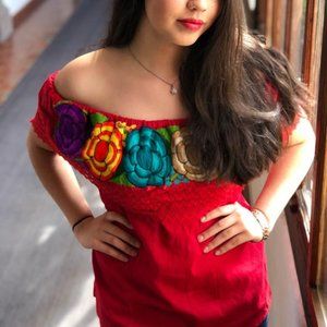 Campesina Blouse With Embroidered Flowers (Small) -  Red